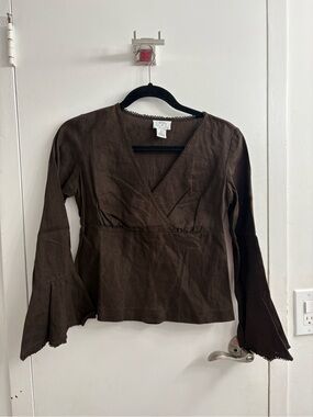 100% linen Ann Taylor LOFT petite Brown Wrap-Style Long Sleeve Top